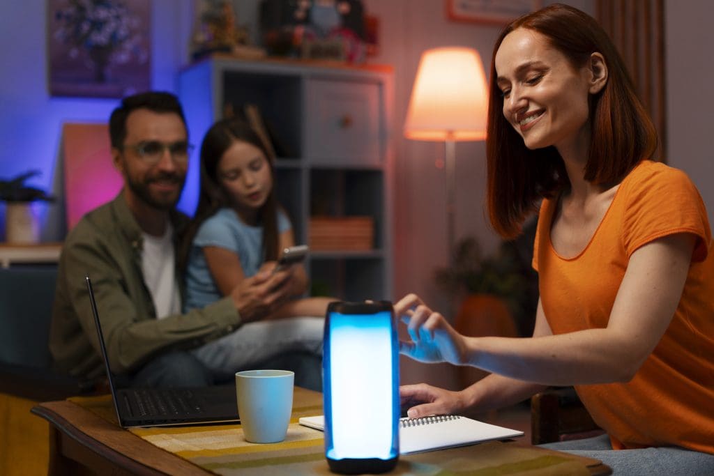 A family enjoying automatic light smart home features
