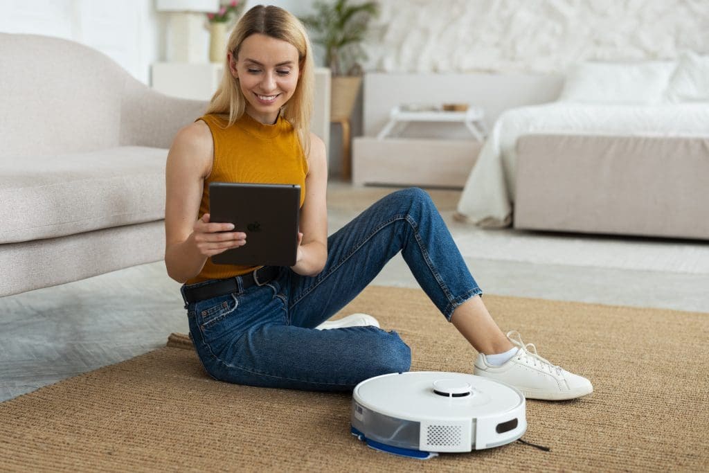 A woman setting up an automatic vacuum cleaner - the future of home cleaning smart devices