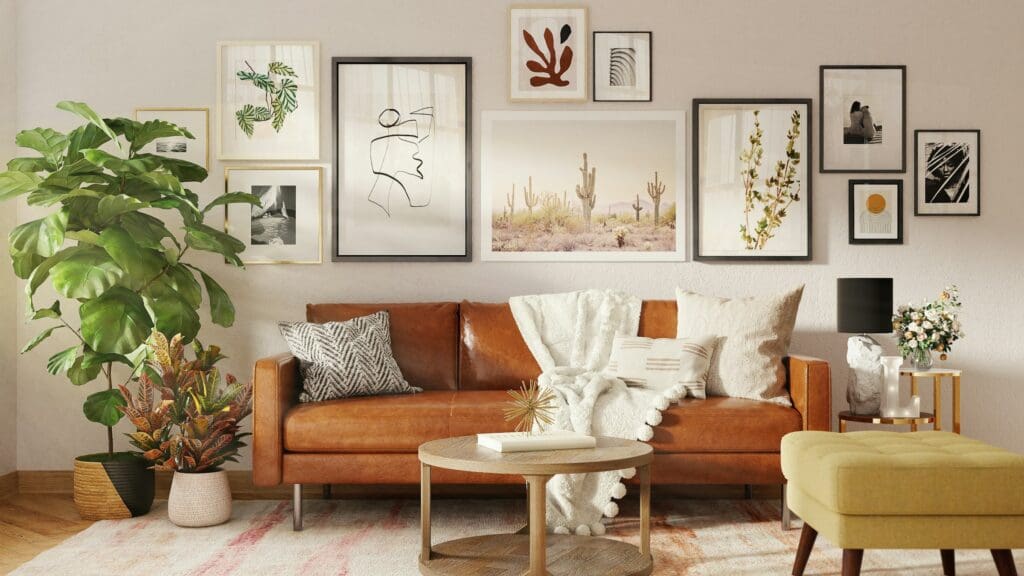 A beautifully designed living room with a warm brown-and-white aesthetic, featuring a comfortable brown sofa, a sleek coffee table, and tasteful decor in a Lease to Own home in Raleigh NC
