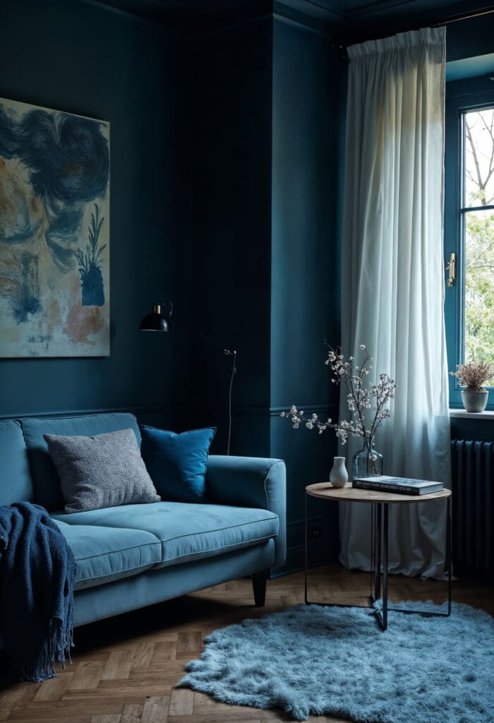 A stylish corner perfect place for coffee or a reading corner, featuring in elegant blue hues, creating a cozy and modern living space. A lease to own home that offers comfort and flexibility, providing a smart path to homeownership.