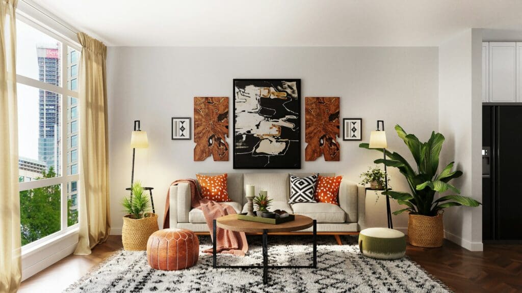 A cozy living room with a warm and inviting ambiance, showcasing a comfortable seating area and stylish decor. A perfect space to relax and enjoy your new lease-to-own home.