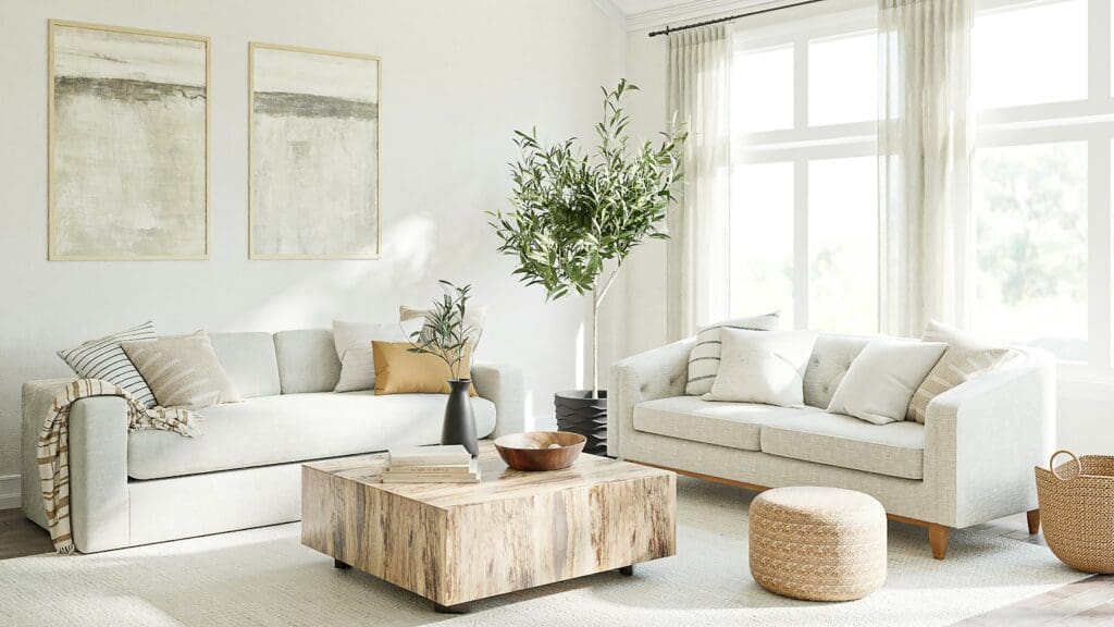 A serene living room filled with natural light, perfect for those relocating in Raleigh and looking to settle into a welcoming, comfortable space.