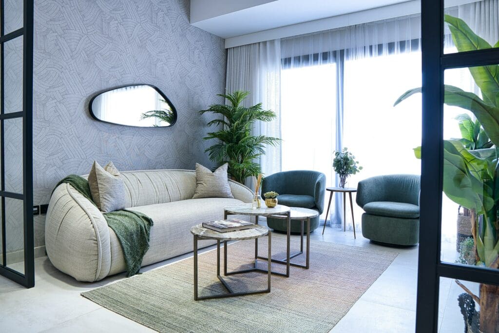 Elegant living room setup featuring soft textures and thoughtful decor, showcasing the comfort and flexibility that comes with lease to own Raleigh options.