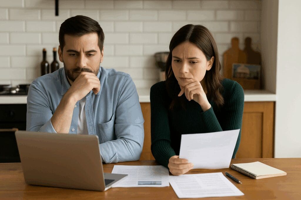Self-employed couple in Raleigh reviewing lease-to-own home options, evaluating whether to buy now or wait amid rising inventory and no bank financing programs.