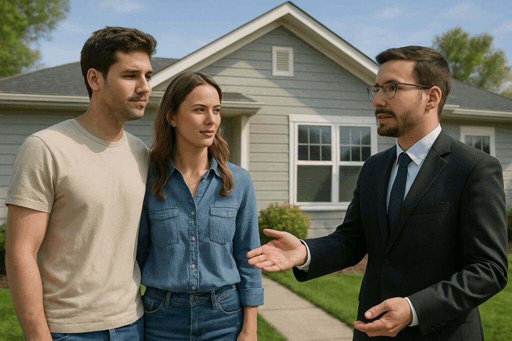 Young couple touring a modern suburban home with a real estate agent, representing affordable homebuying opportunities in the 2025 housing market through Lease-to-Own Raleigh programs without a mortgage.