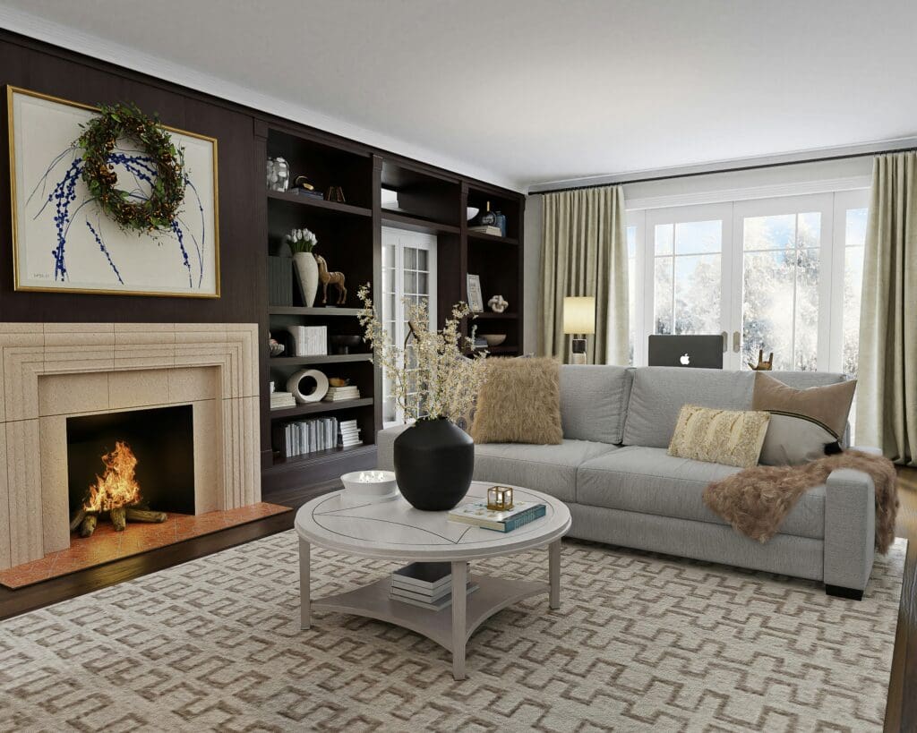 Cozy and modern living room with fireplace and large windows, symbolizing comfort, housing market stability in 2025, and opportunities through Lease-to-Own Raleigh Homes.