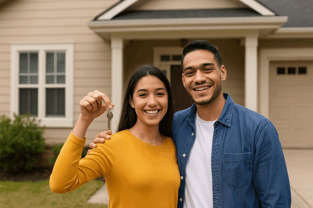 Self-employed couple in Raleigh celebrating their new home, holding house keys after successfully entering a lease-to-own program to build equity without traditional bank financing.