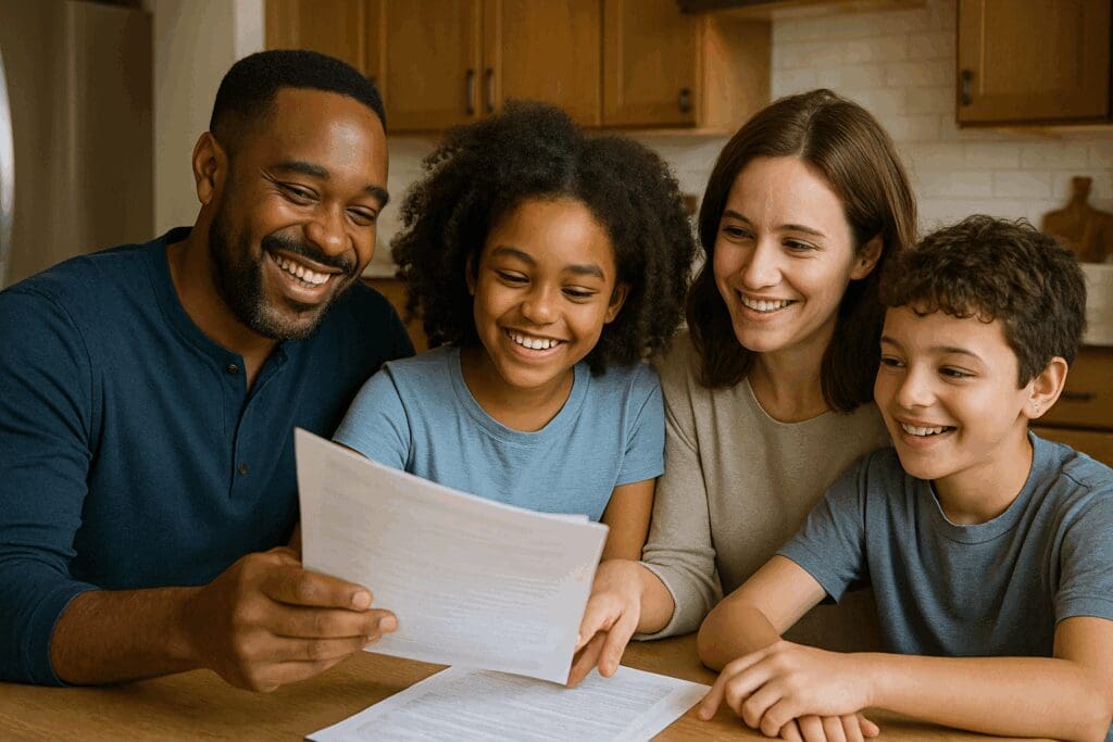 Happy family in a cozy kitchen reviewing homeownership paperwork, symbolizing mortgage-free paths to buying a home in 2025 through Lease-to-Own Raleigh options.