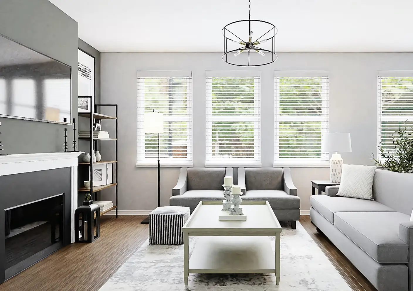 Modern living room in a lease to own Greensboro featuring grey tones, stylish furniture, and decorative accents, exemplifying contemporary home decor and interior design trends.