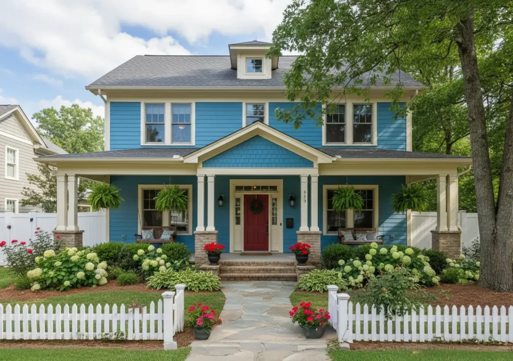 Charming blue Craftsman style house with red door and white picket fence in lease to own Raleigh home--building equity without a mortgage-- surrounded by lush green landscaping.
