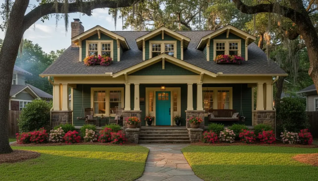 Charming Craftsman-style Lease to Own Homes Charlotte NC, featuring a teal front door, stone steps, porch with rocking chairs, and colorful azaleas.