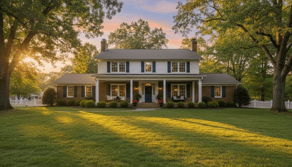 Colonial-style family lease to own home in Greensboro, North Carolina, surrounded by trees at sunset — ideal for families exploring lease to own Greensboro opportunities.