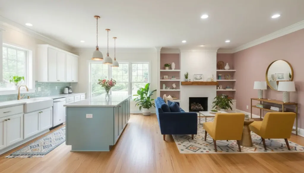 Bright open-concept kitchen and living room in a Charlotte lease to own home, featuring a soft pink accent wall, navy sofa, mustard chairs, white cabinetry, and pendant lighting. 