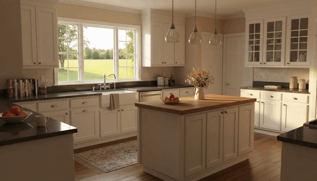Bright, modern kitchen inside a Greensboro lease to own home, featuring white cabinets, a farmhouse sink, and large windows overlooking a green yard at sunset.