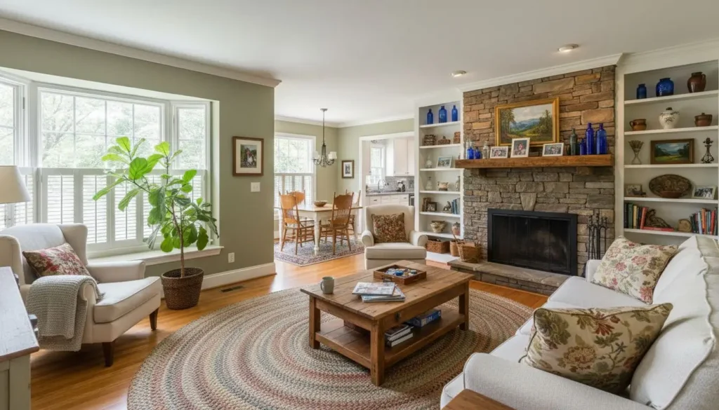 Cozy living room in a North Carolina home with warm natural light, stone fireplace, and comfortable seating area — a perfect space for first time homebuyers North Carolina looking for charm and comfort.